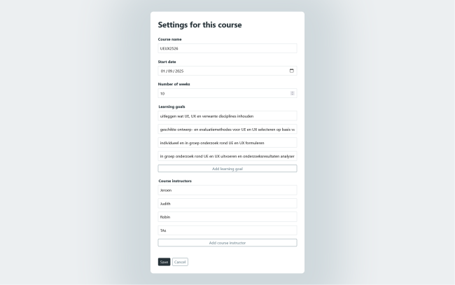 A screenshot of the course settings page in the BlendEd planner tool