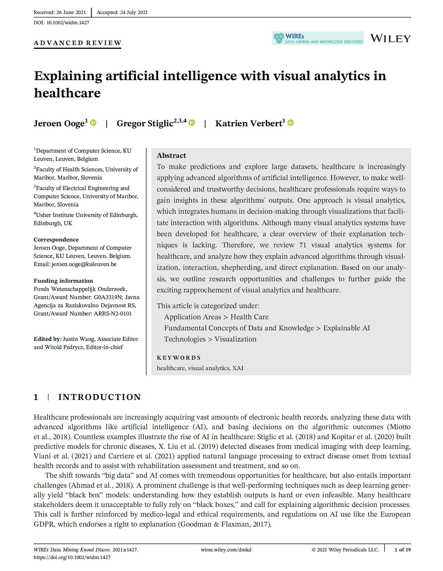 First page of my paper "Explaining artificial intelligence with visual analytics in healthcare"